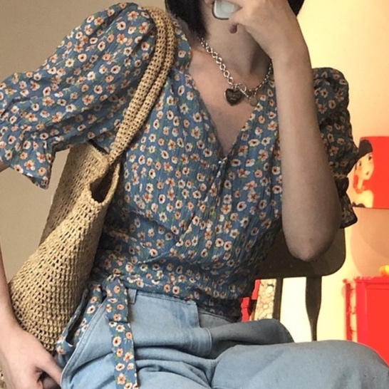 Áo Sơ Mi Chiffon Cổ Chữ V Tay Ngắn Họa Tiết Hoa Phong Cách Hàn Quốc Thời Trang Mùa Hè Mới Cho Nữ