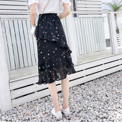 (Hàng Quảng Châu) Chân váy đen voan midi dáng dài vạt chéo họa tiết sao Ulzzang | BigBuy360 - bigbuy360.vn