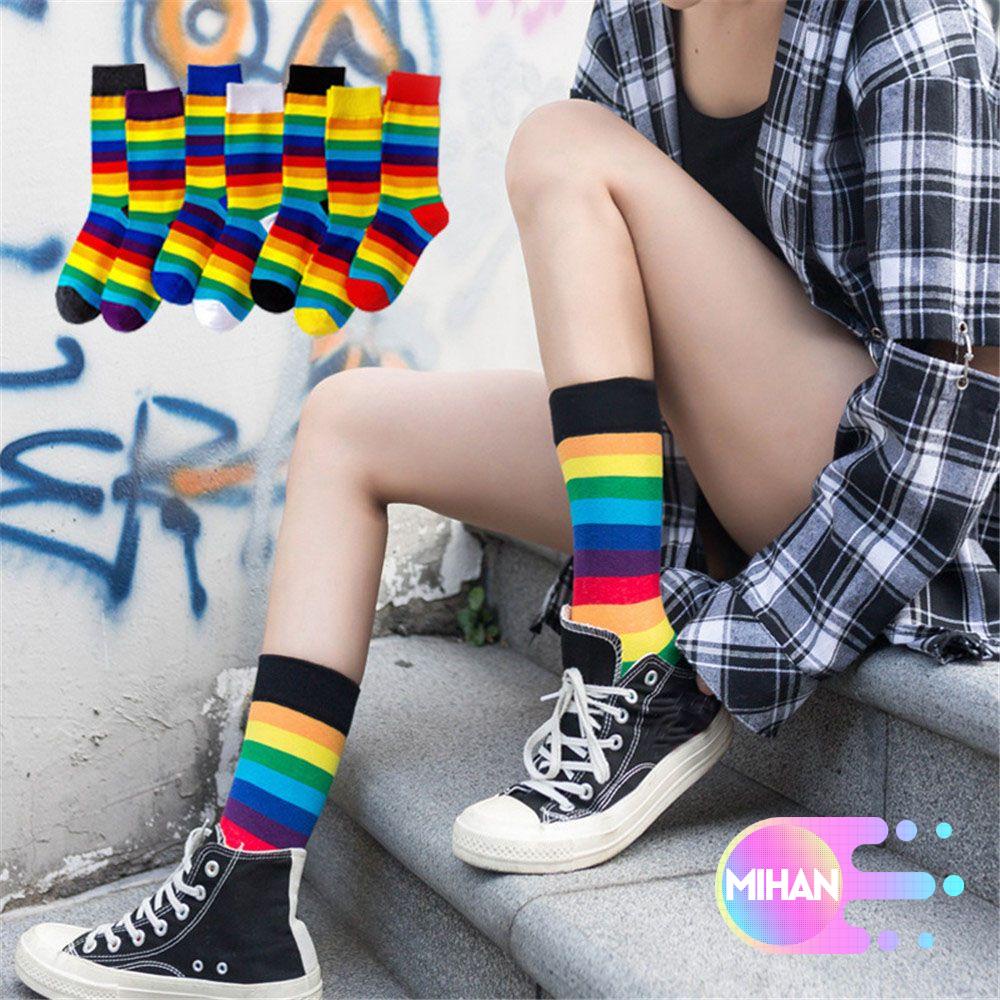 Vớ Cotton Cổ Cao Co Giãn Họa Tiết Kẻ Sọc Cầu Vồng Phong Cách Harajuku Thời Trang Cho Nam Và Nữ MIHAN1