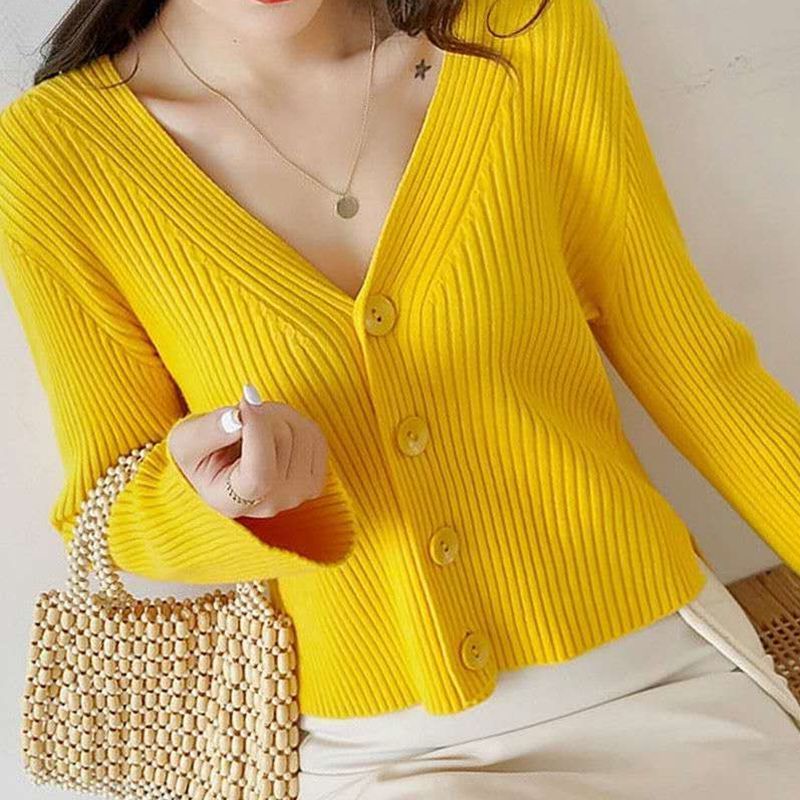Áo Dệt Kim Nữ Tay Dài Cổ Chữ V Màu Sắc Đơn Giản Phong Cách Hàn Quốc