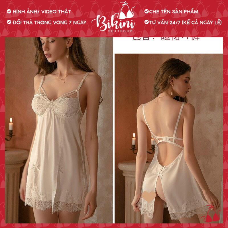 ❣️ Váy ngủ 2 dây sexy nữ xẻ đùi hở sau kèm chip lọt khe gợi cảm freesize màu đen/ trắng/ đỏ SN09