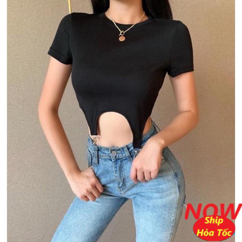 Áo kiểu nữ phối khoá gài 2 bên khoét bụng cá tính chất vải thun gân len 4 chiều FreeSize dưới 52kg
