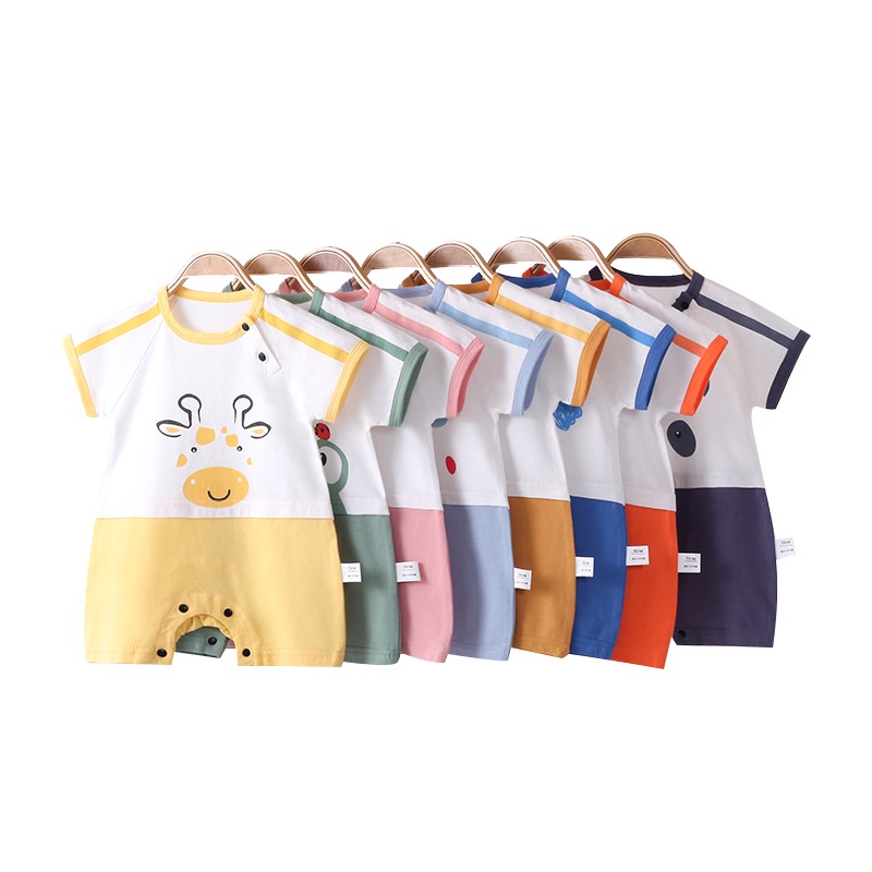 Bộ Áo Liền Quần Tay Ngắn Bằng Vải Cotton Họa Tiết Hoạt Hình Dễ Thương Cho Bé Trai Và Gái 0-24 Tháng Tuổi