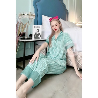 Đồ bộ phi lụa cổ tim viền ren - tay ngắn quần dài