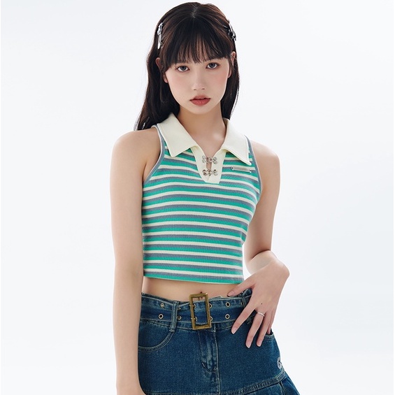 【ZHELIHANGFEI】Áo Sweater Sát Nách Cổ POLO Lưng Cao Kẻ Sọc Thiết Kế Quyến Rũ Cá Tính