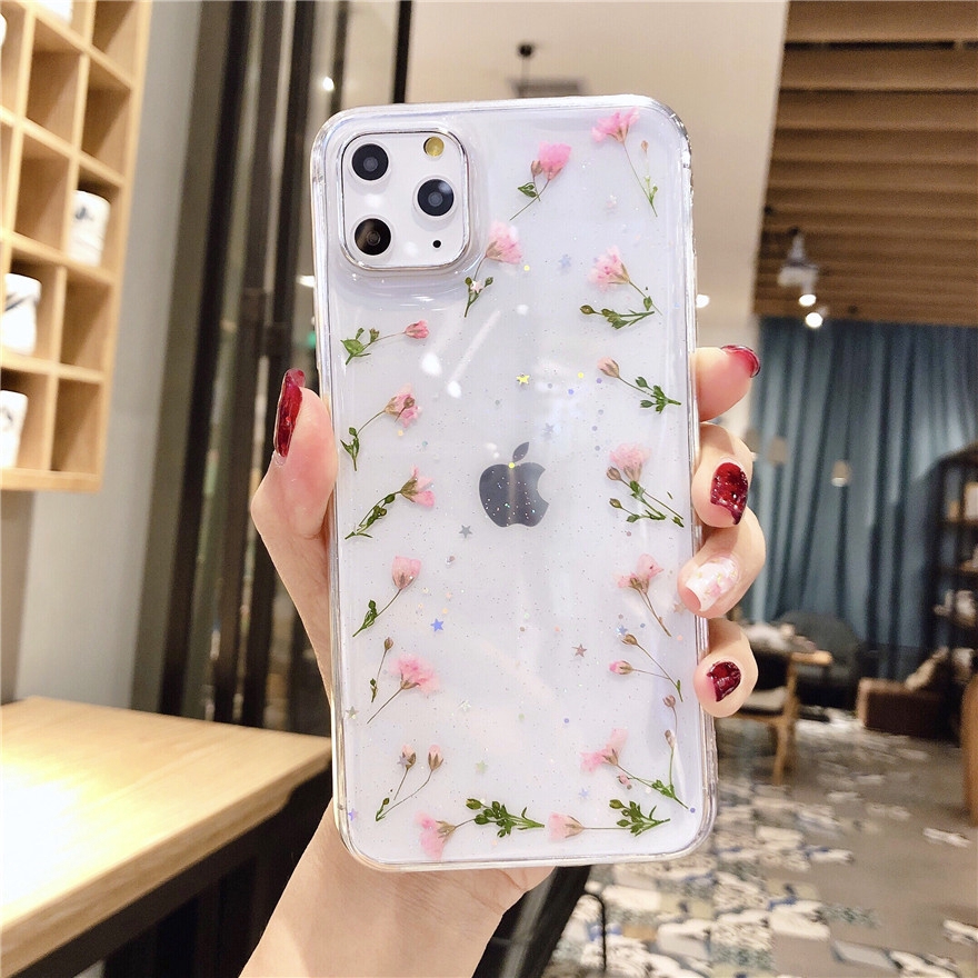 Ốp điện thoại TPU mềm trong suốt phối hoa ép khô thật cho iPhone 13 12 11 Pro Max SE2020 X 7 8 Plus