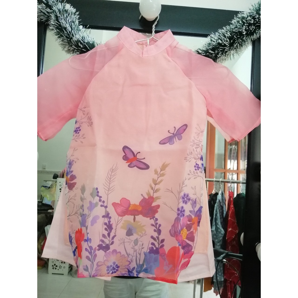 MS002 - Size 2, Sét Áo dài bé gái màu hồng bướm xinh