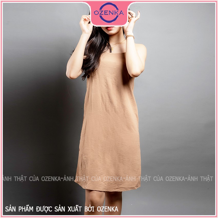 Váy 2 dây suông dáng dài ngang gối OZENKA , đầm maxi đi biển chất đũi hăn mịn nhẹ mát màu đen da mint be VD 451
