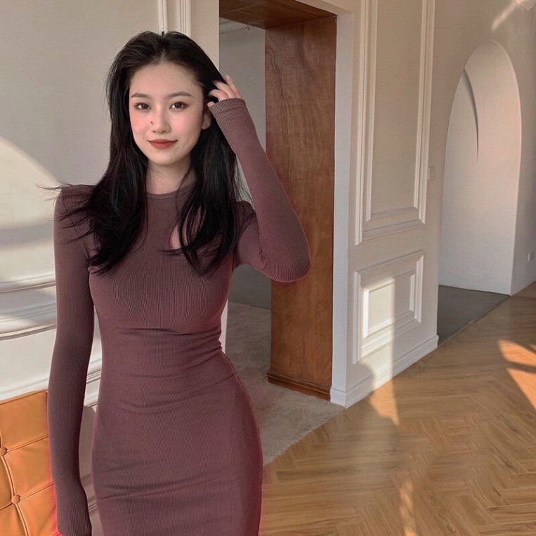 Váy body nữ cổ tròn khoét vai quyến rũ mặc tôn dáng,Váy dài tay mặc thu đông 2 màu trẻ trung cá tính