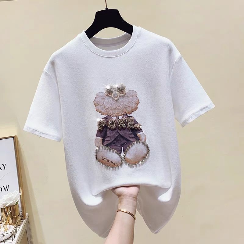 Cotton short-sleeved t-shirt women's foreign style 2022 summer new Korean version loose beaded diamond fashion top trendy ins