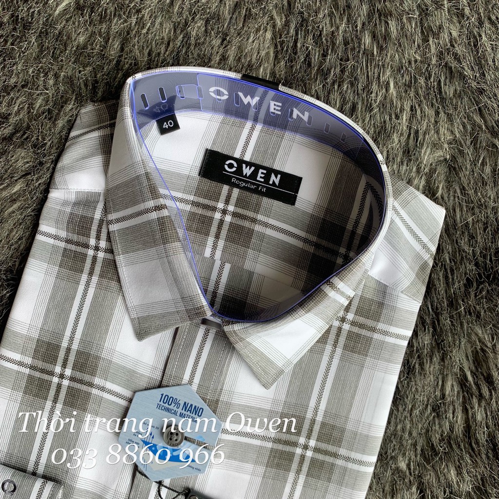 OWEN - Áo sơ mi dài tay Owen regularfit kẻ ca rô màu xám chất Nano ko nhăn 22969