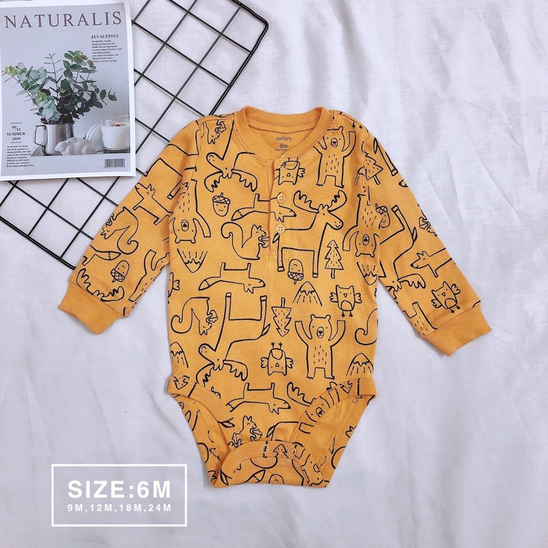 [Body vàng chip dài tay] chất cotton hình con vật-size:6m,9m,12m,18m,24m