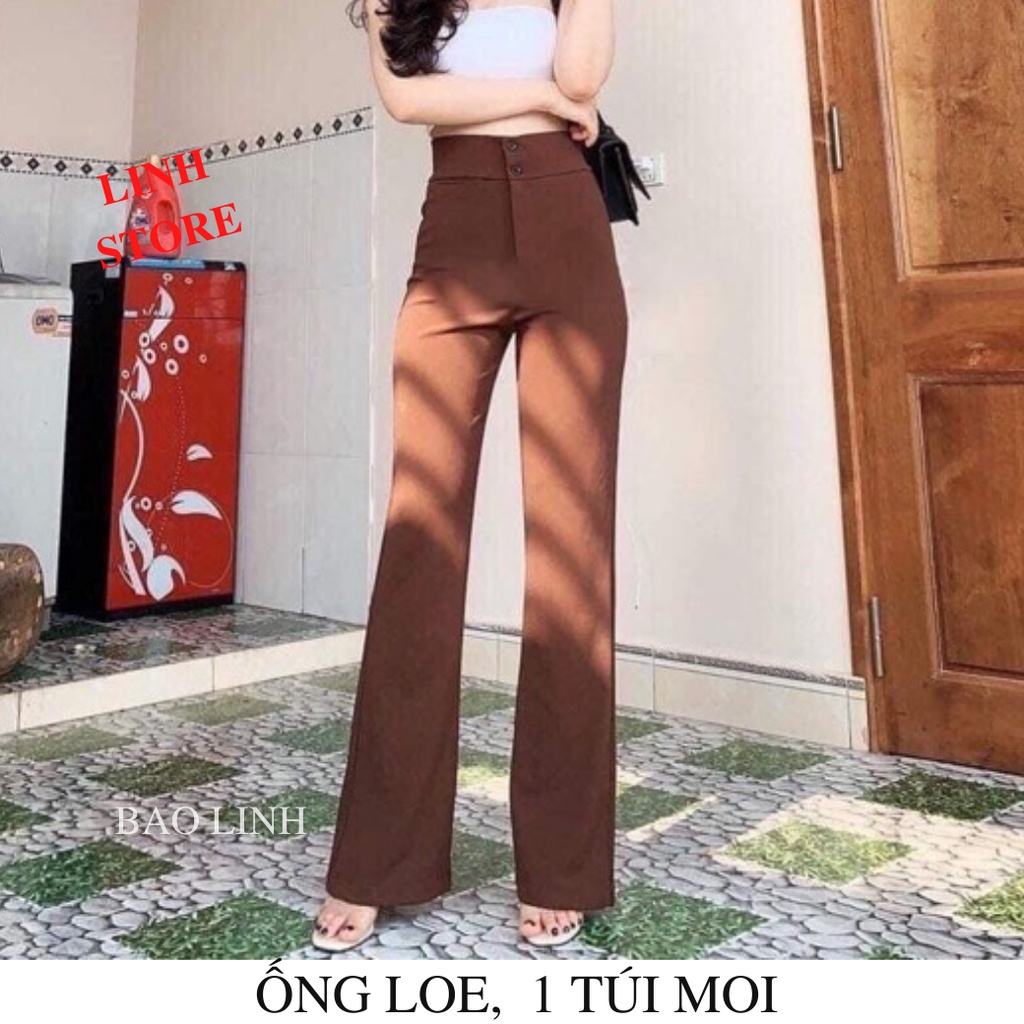 Quần Ống Loe Nữ Cạp Cao Dáng Suông Phối 2 Cúc Chất Liệu Tuyết Mưa  Cao Cấp Không Nhăn Đứng Form Dễ Phối Đồ