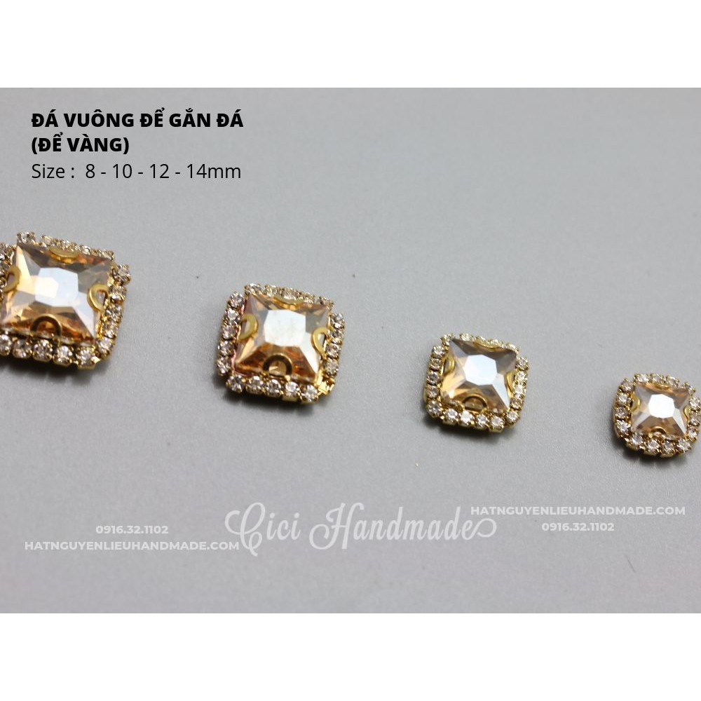 Hạt đá vuông đế vàng/đế bạc viền đá trắng size 14mm Cici Handmade hạt cườm hạt đá trang trí nguyên liệu tự làm