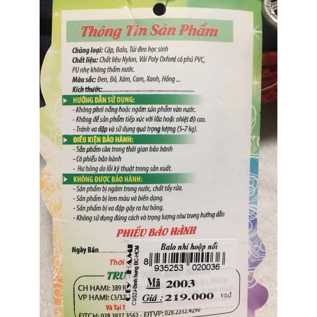 BALO HỌC SINH CHO BE - BL2003 - BẢO HÀNH CHÍNH HÃNG 6 THÁNG