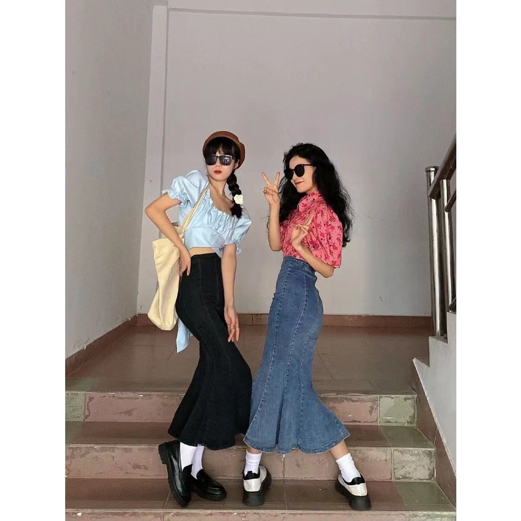 Chân váy bò dài đuôi cá xẻ vạt trước sherry cabinet