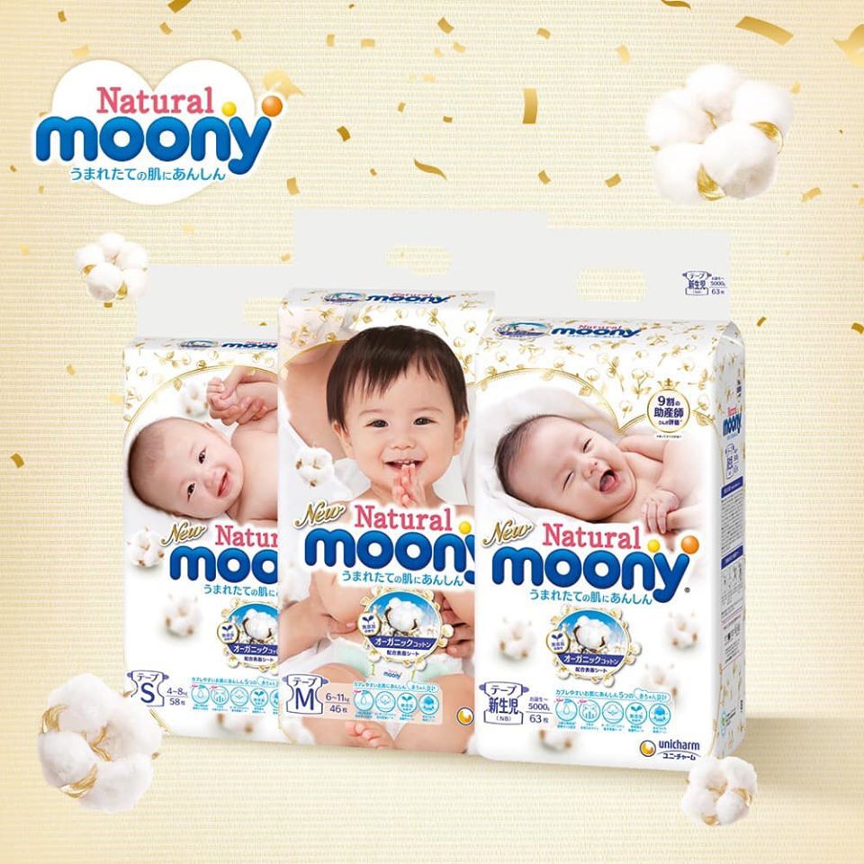  Bỉm dán/quần Moony Natural Cao cấp Nội địa Nhật NB63/S58/M46/L38/M46q/L36q/XL32q