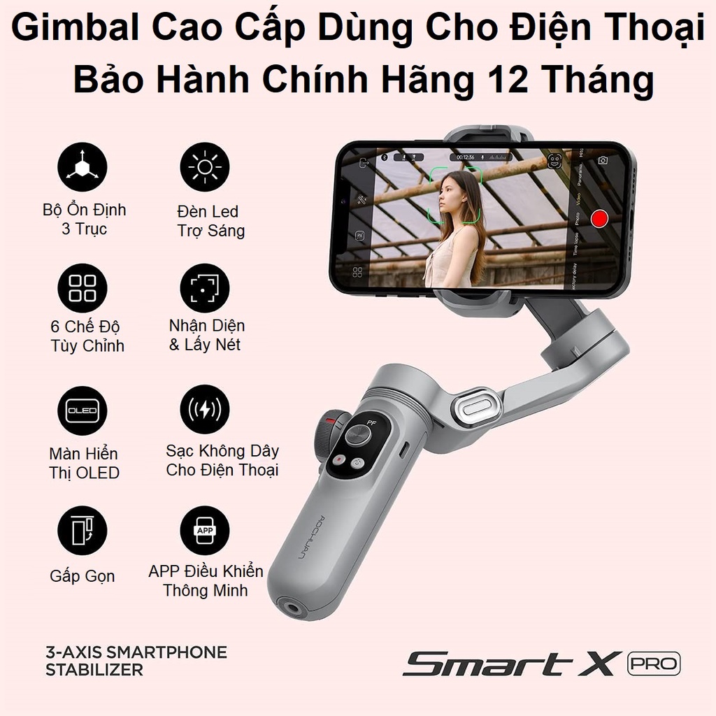 Gimbal Chống Rung Cho Điện Thoại - Gimbal SMART X PRO - Tích hợp sạc không dây - Pin 3200 mAh - Đèn Led Trợ Sáng
