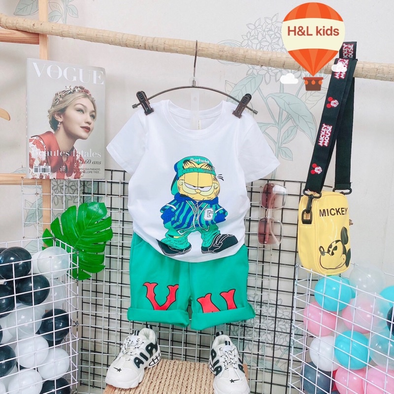 Bộ bé trai mèo Garfield áo in trước sau còn size 11,12