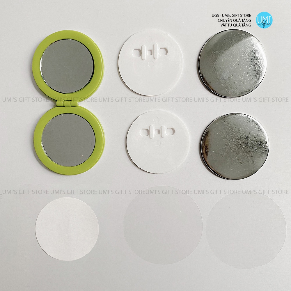 10 Phôi Gương hộp 5.8cm màu Xanh hoặc màu hồng. Đóng bằng máy đóng Huy hiệu. In 2 mặt.