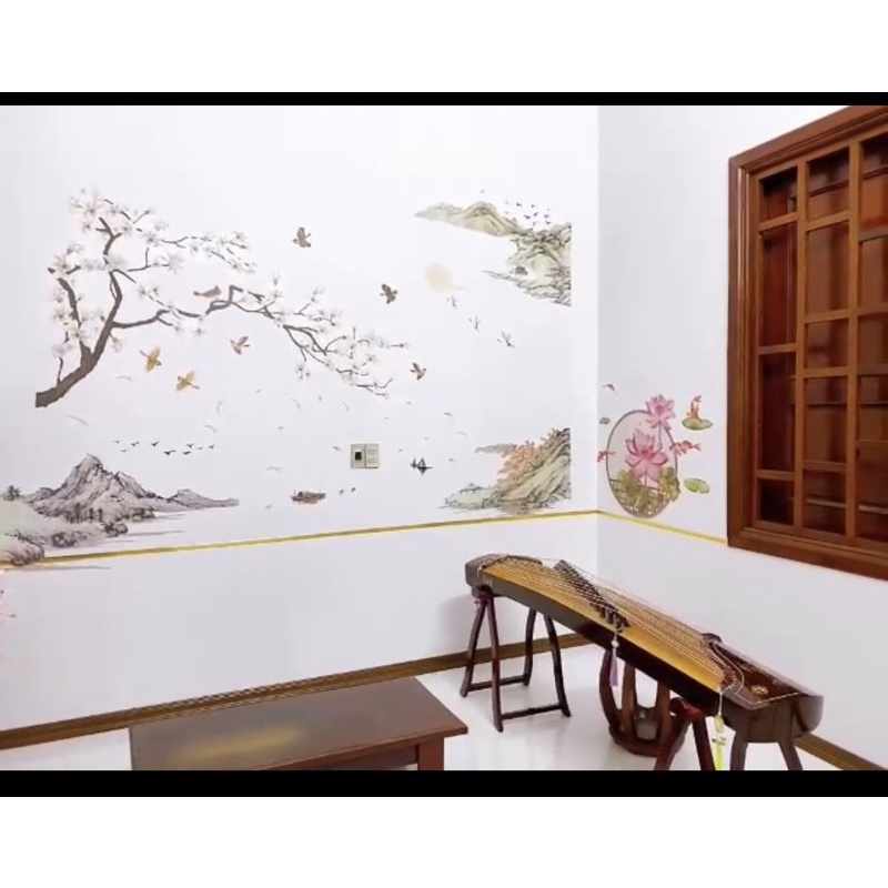 Decal dán tường phòng khách mẫu Ban trắng + Núi Non