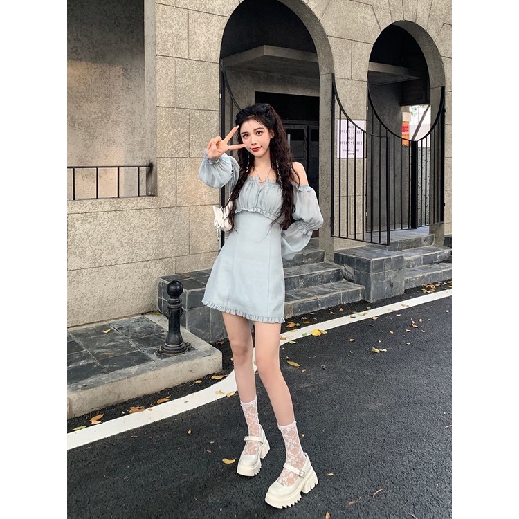 Đầm Trễ Vai Tay Phồng Ôm Dáng Thời Trang Mùa Thu Phong Cách Pháp Mới Cho Nữ