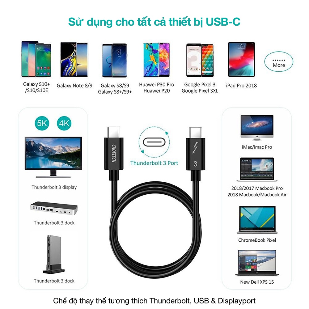Dây cáp CHOETECH USB-C ra USB-C chuẩn Thunderbolt 3 - A3007