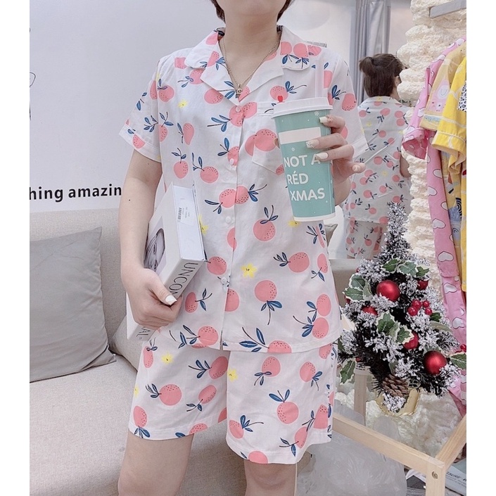 Đồ ngủ pijama cộc tay quần đùi bộ mặc nhà chất thô mùa hè quả cam vàng hồng dễ thuơng Hàn Quốc ullzang