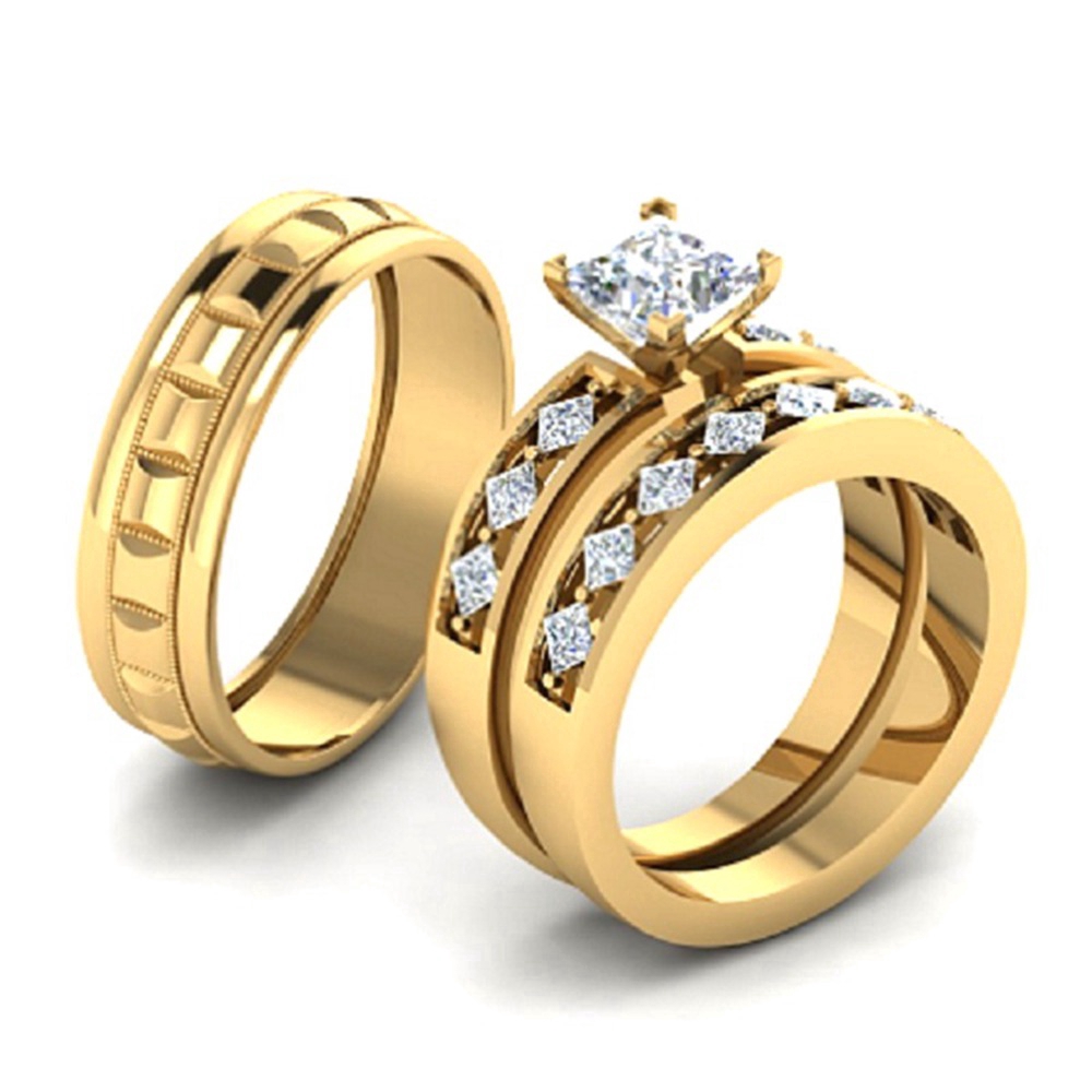 Bộ nhẫn mạ vàng đính kim cương nhân tạo kiểu đơn giản dành cho cặp đôi