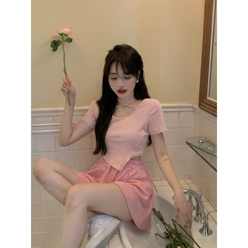 Bộ Áo Thun Hồng + Quần Short Dáng Ôm Thời Trang Mùa Hè Mới Cho Nữ