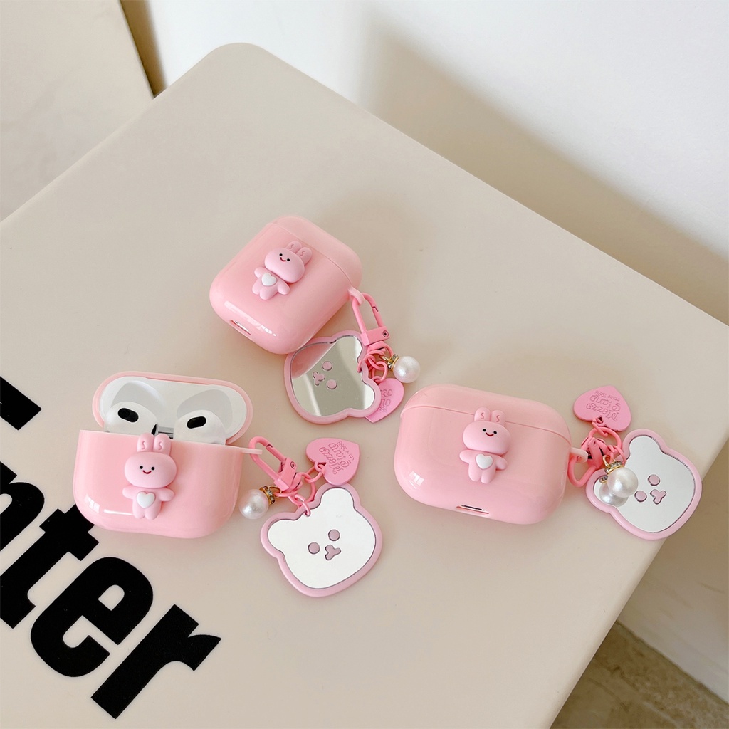 Vỏ Bảo Vệ Hộp Sạc Tai Nghe AirPods Pro 1 2 3 Hình Thỏ Hồng Dễ Thương Kèm Gương Soi Tiện Dụng