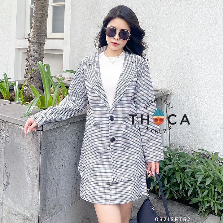 Set vest khoác blazer và chân váy ngắn 2 túi nấp caro xám nâu THOCA HOUSE công sở, sự kiện thanh lịch