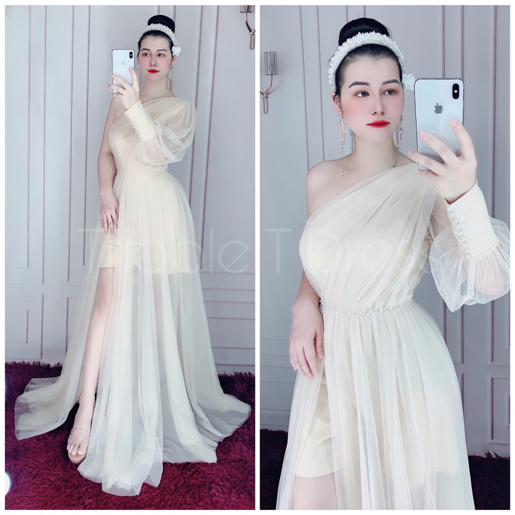Đầm maxi dự tiệc lệch vai tay dài kết ngọc TRIPBLE T DRESS - size M/L (ảnh/video thật) MS132V