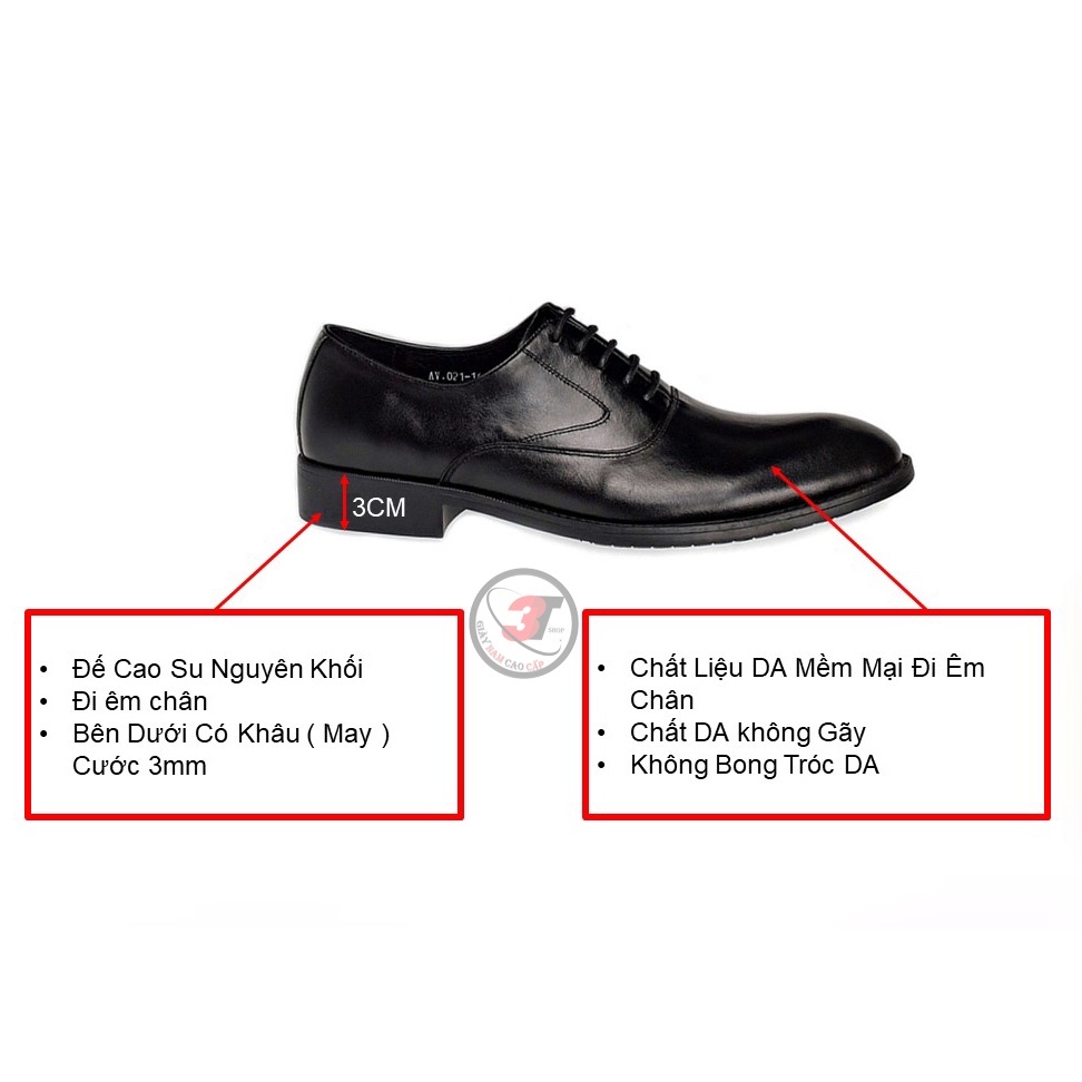 Giày nam oxford công sở ,DA mềm cao cấp màu đen , Đế Cao su Cao 3cm ,Có Khâu Đế  -Bảo hành 12 tháng