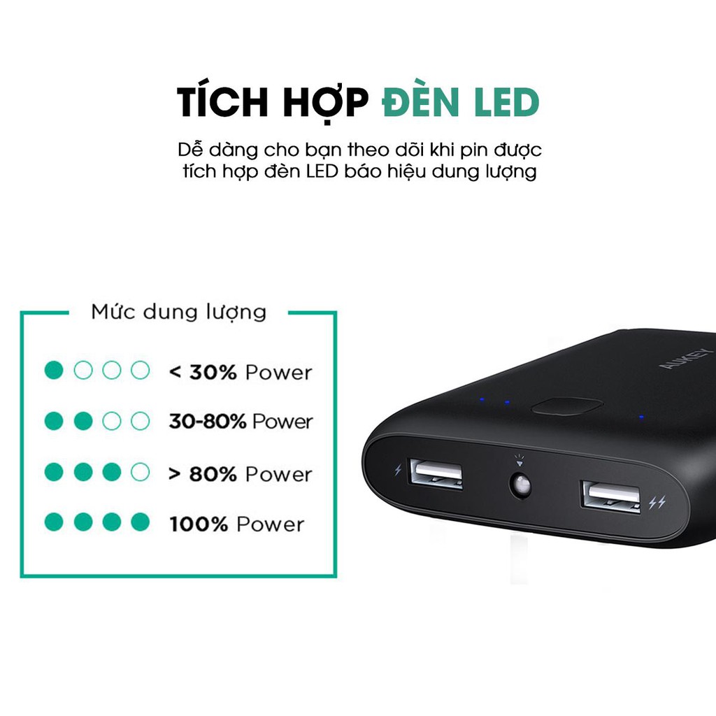 Pin Sạc Dự Phòng 10000mAh Aukey PB-N42 Công Nghệ AiPower Độc Quyền Kèm Đèn LED