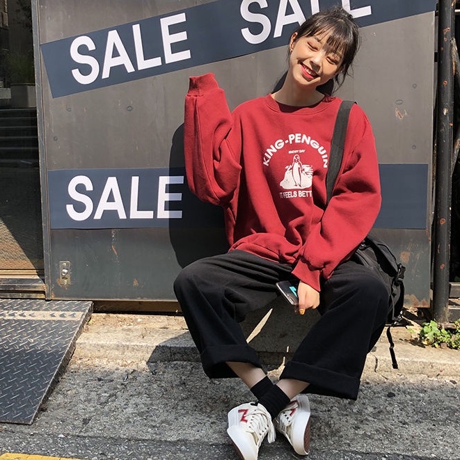 2022 Autumn/Winter Tide Korean Style Female Student Round Neck Sweatshirt Long Sleeve Cartoon Fun Penguin Print Harajuku Style Sweater Women Loose Large Size Unisex Couple Top