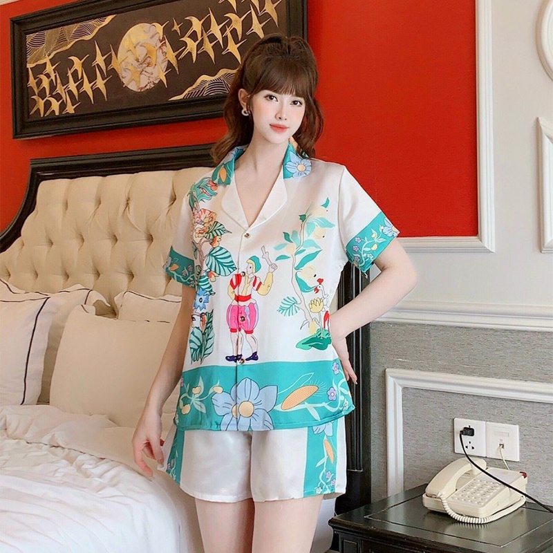 Đồ mặc nhà quần đùi lụa latin, Pijama thiết kế freesize dưới 60kg