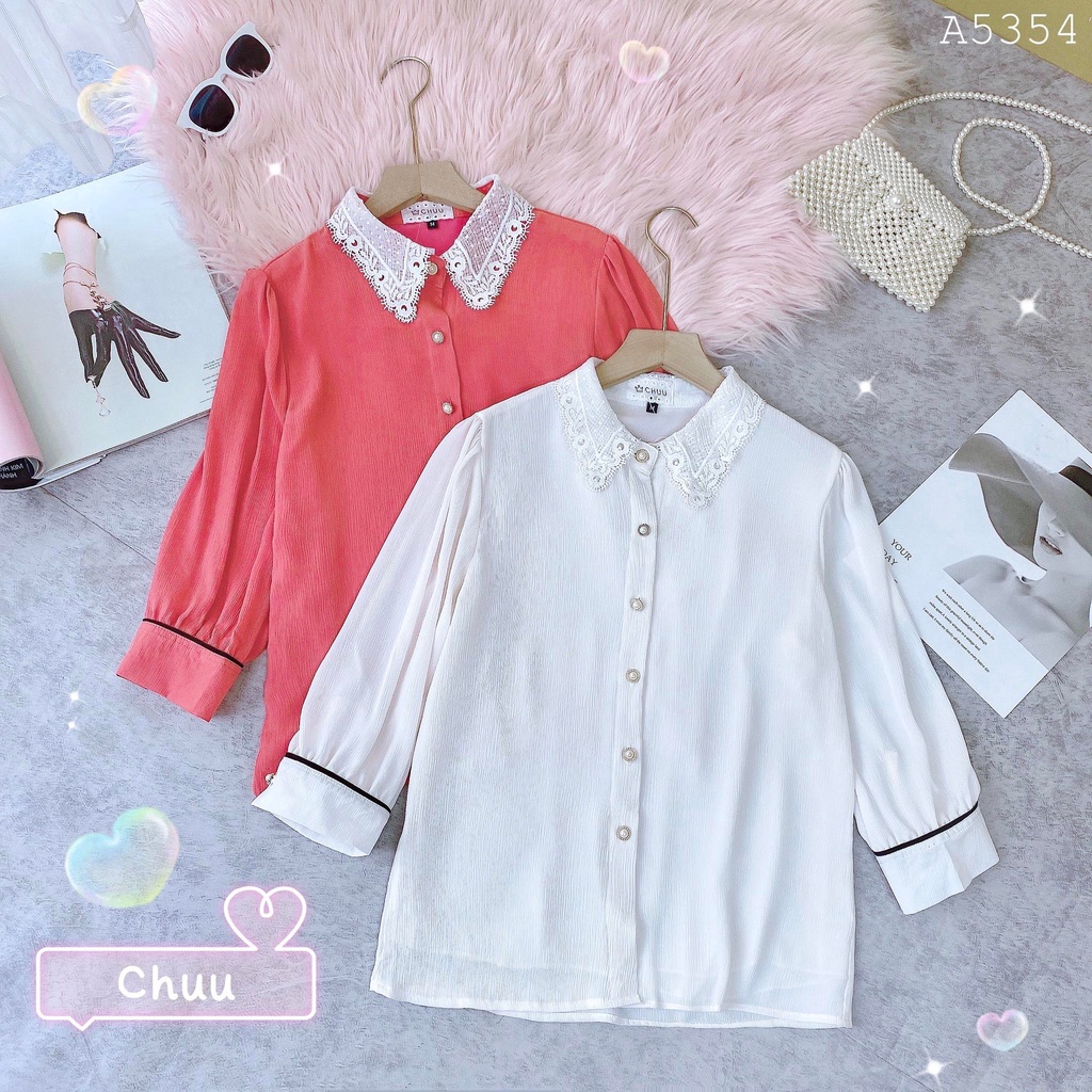 Áo sơ mi nữ công sở kiểu cổ ren tay lửng pijama CHUU A5354
