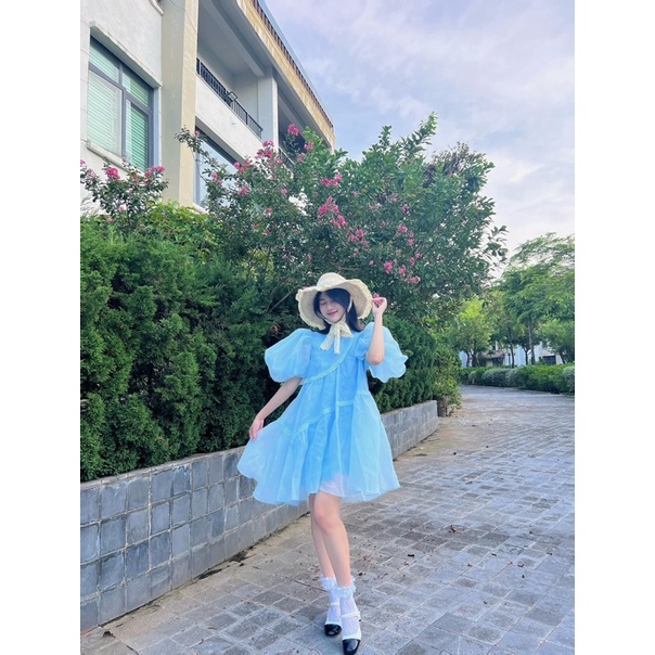 Đầm Babydoll Màu Xanh Tươi Mát Thiết Kế Bèo Chéo Phối Ren