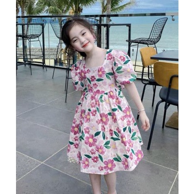 BG516 - VÁY HOA HỒNG XÒE KHOÉT NƠ LƯNG BÉ GÁI