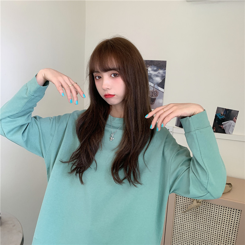 SUXI Áo Thun Tay Dài Màu Trơn Dáng Rộng Phong Cách Hàn Quốc