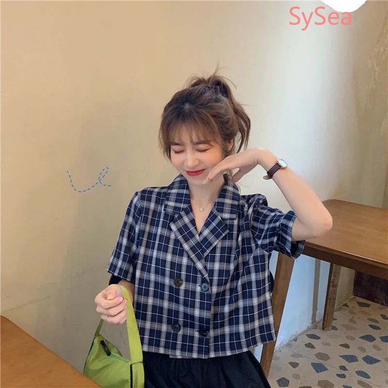 Áo sơ mi croptop tay ngắn kẻ sọc ca rô kiểu Hàn Quốc cho nữ | BigBuy360 - bigbuy360.vn