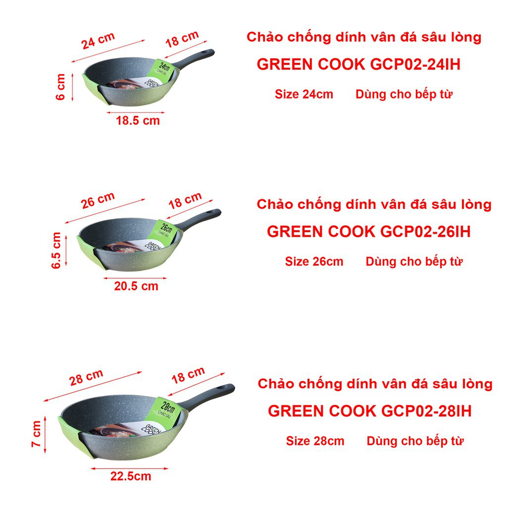 Chảo đá từ Green Cook  chống dính đa năng 2 trong 1 size 22cm -24cm -26cm - 28cm, đá cạn và đá sâu lòng