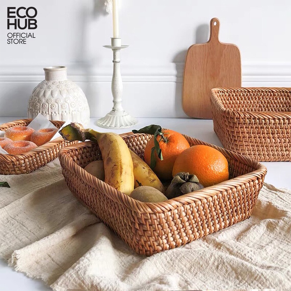 Giỏ mây ECOHUB hình chữ nhật đáy vát đựng hoa quả, bánh kẹo (Rectangular Rattan Basket With Beveled Bottom)