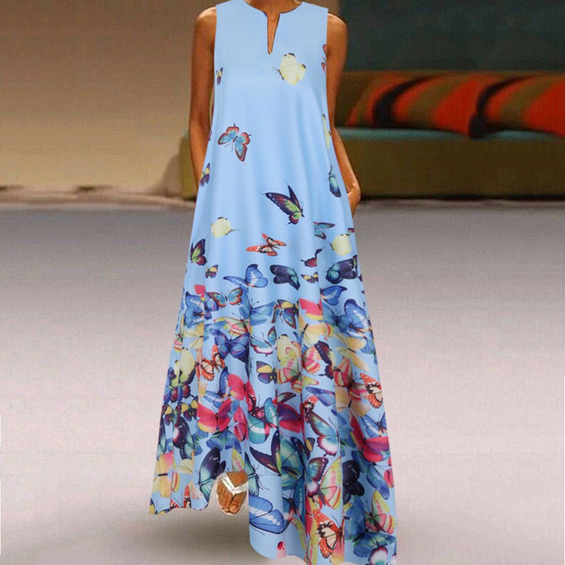 Summer Dress Sleeveless Butterfly Print Maxi Dresses Vintage Women Party Robe Beach Shirt Dress White S