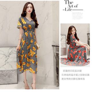 Đầm hoa cổ V dáng dài cao cấp