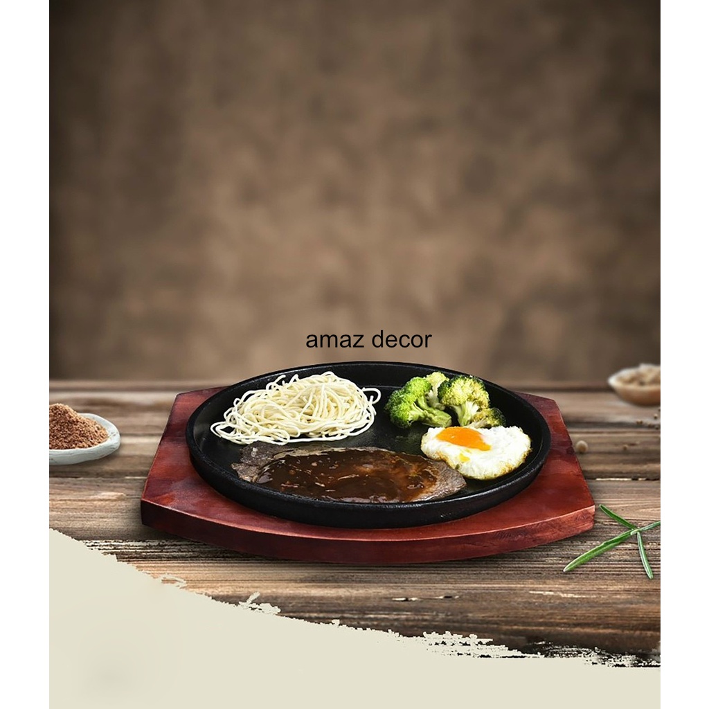 Combo bộ chảo gang chống dính đen tròn + đế gỗ ăn bánh mỳ chảo bò né bít tết chuyên đồ nướng đổ bánh xèo