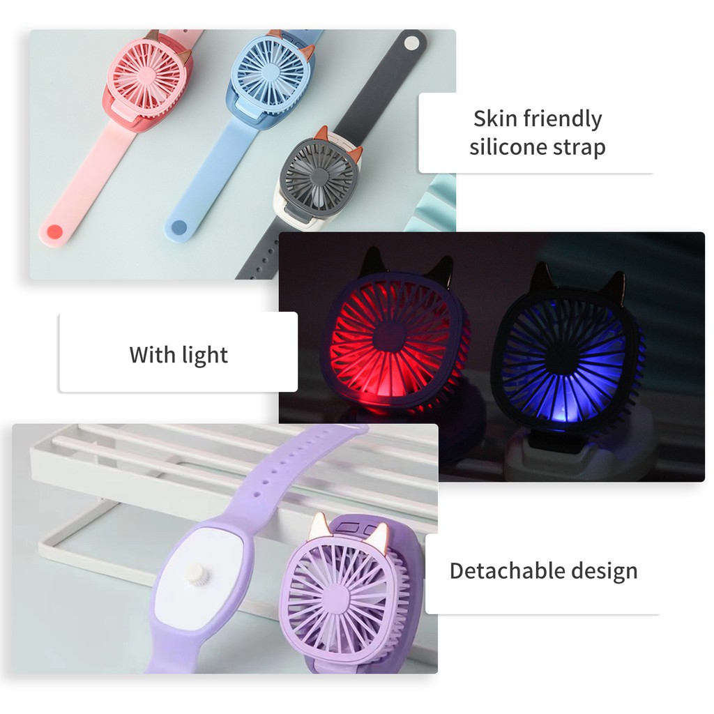 Portable Fan Mini Fan Portable Watch Fan with Comfortable Wrist Strap Colorful LED Light Three-speed USB Charging