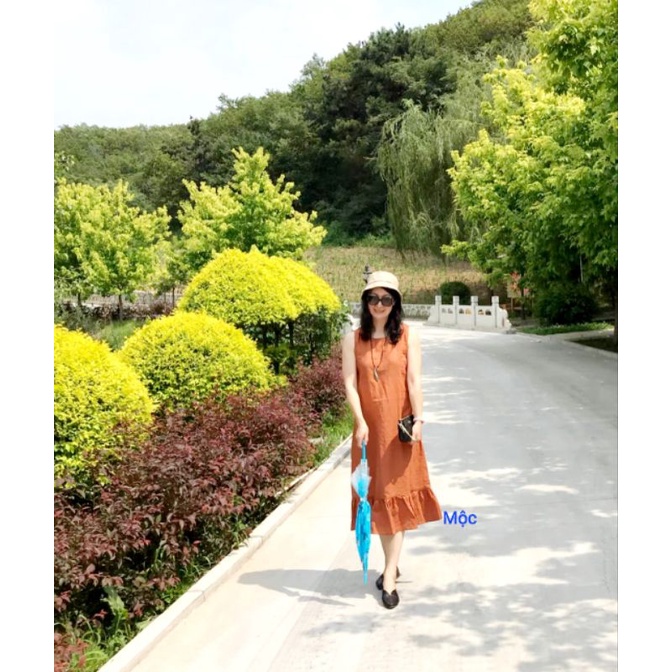 Đầm Linen dáng suông cổ tròn dát nách chân bèo đủ sz từ S đến XL