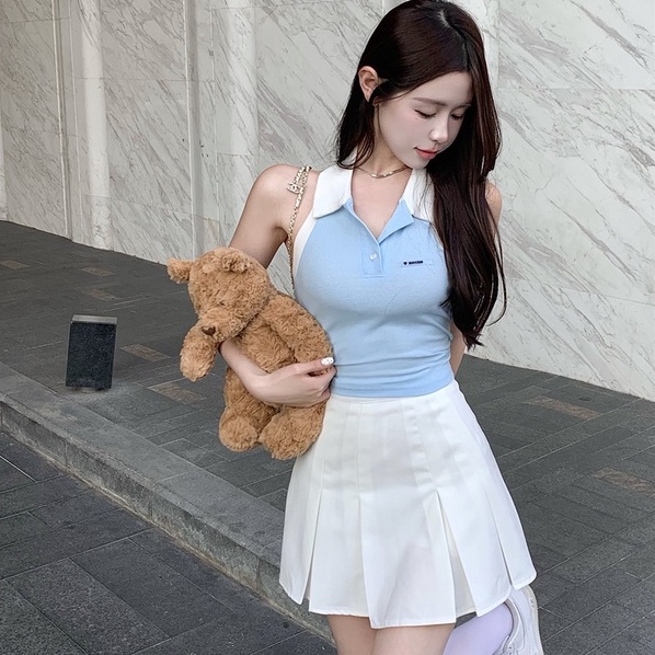 Áo ZHELIHANGFEI dệt kim không tay cổ polo hở vai lưng phong cách gợi cảm cho nữ